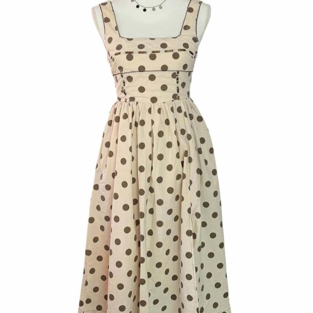 Jacquie The Label Ena Polka Dot Midi Dress XS Cream Brown Linen Blend